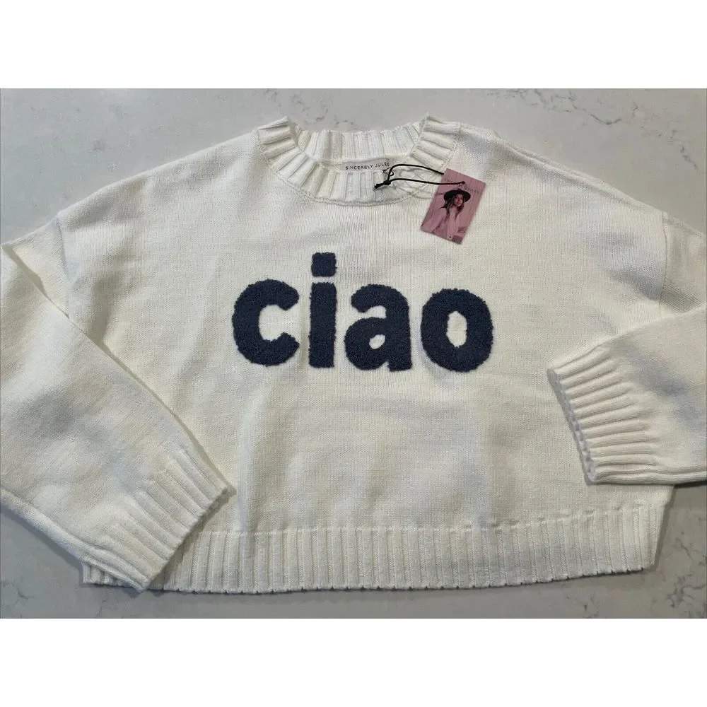 Women's Sincerely Jules CIAO Cream Blue Long Sleeve‎ Crop Cotton Sweater XS NWT